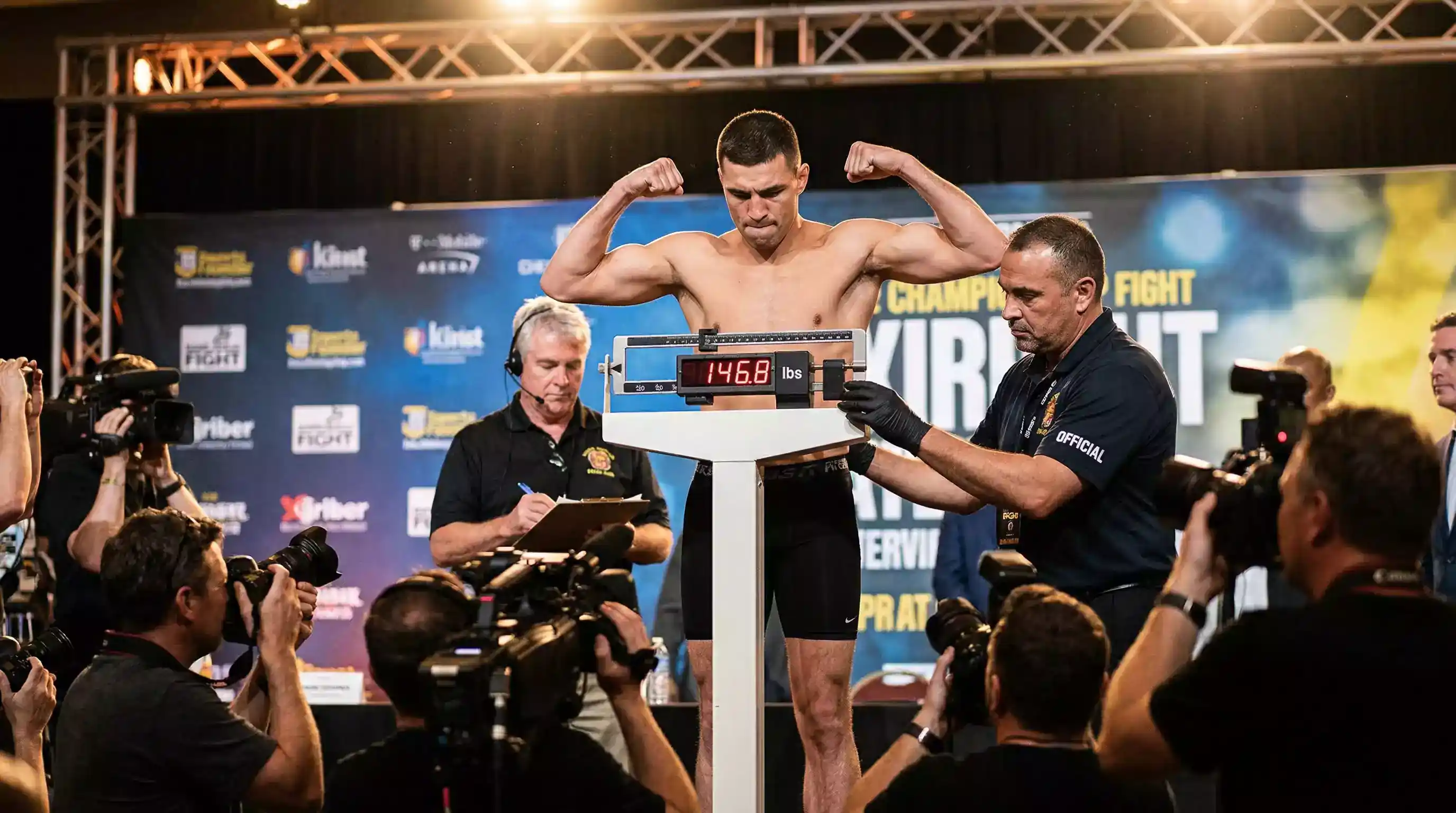 Boxer verschiedener Gewichtsklassen beim Wiegen